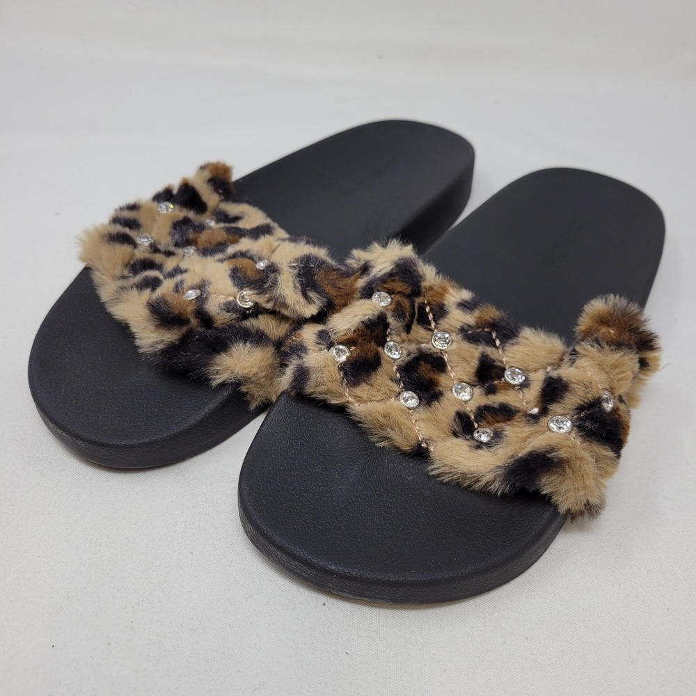 Bebe Sandals Womens Size 9 Brown‎ Faux Fur Faryn Rhinestone Slides Animal Print